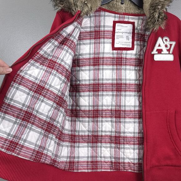 Vintage Y2K Aeropostale Faux Fur Zip Hoodie Juniors Size XL Red Jacket A87 Lined - Picture 5 of 14